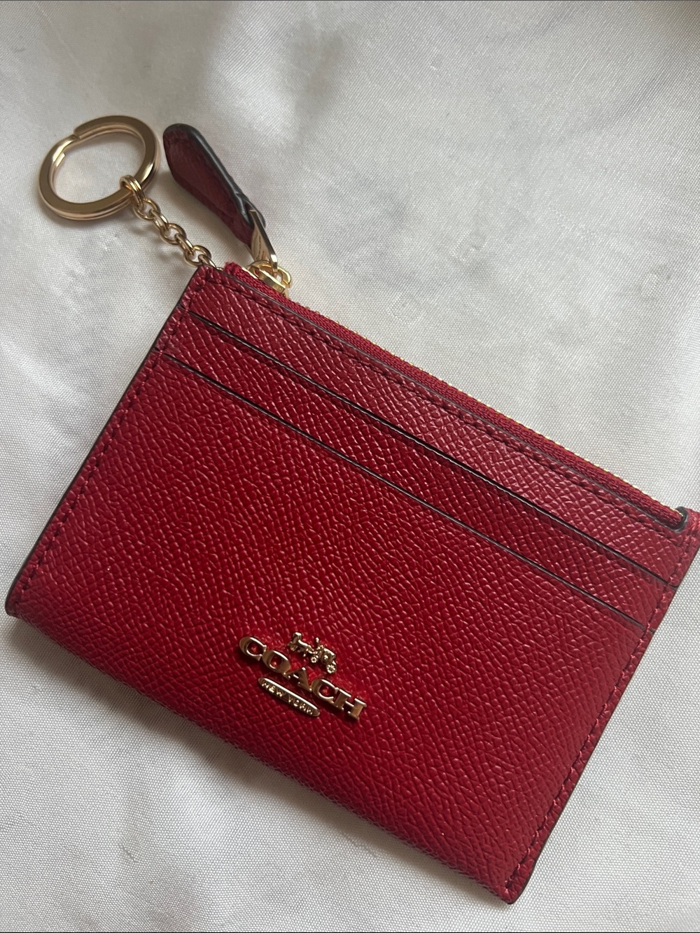 COACH Red Pebbled Leather Card Holder with Gold Key Ring